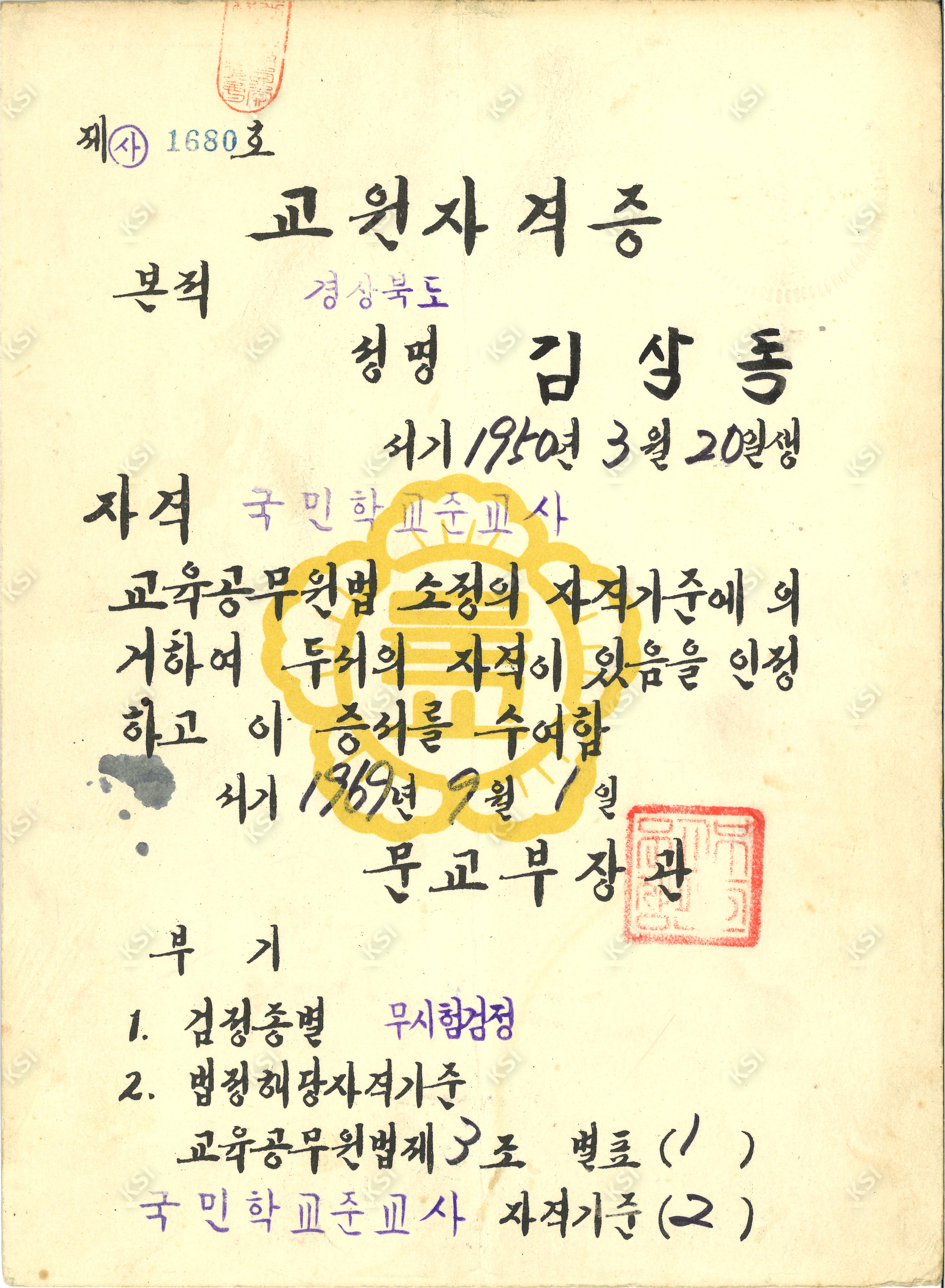 1969년 김상동 국민학교준교사 교원자격증